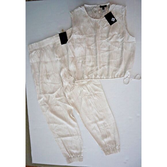 ATM Women's Sz S Beige Striped Pleated Cropped Pants & Sz M Sleeveless Top - Picture 1 of 16